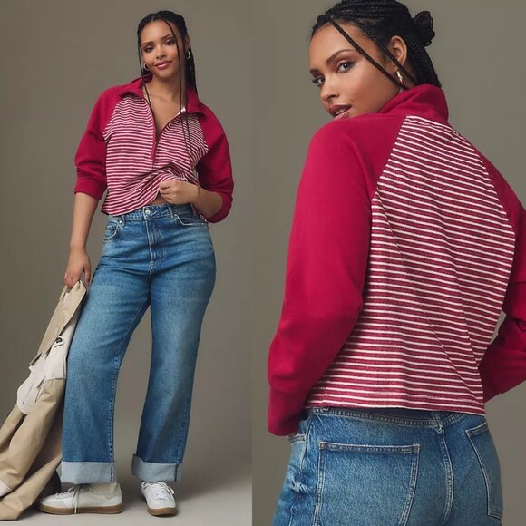 Anthropologie Pilcro Collared Striped Half-Zip Sweatshirt - Picture 1 of 5